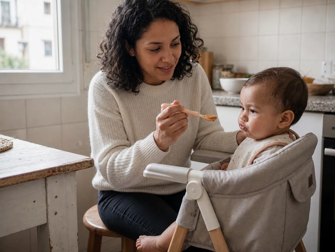 Mamá ofreciendo comida y bebé rechazando